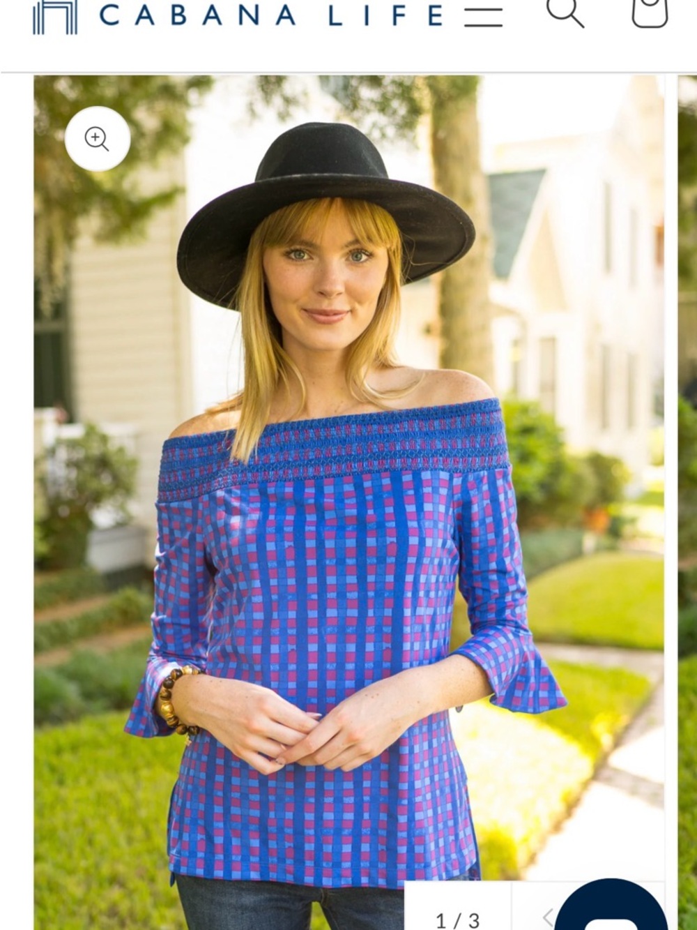 Cabana Life Blue & Pink Checkered off shoulder top. XL